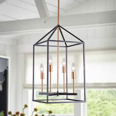 Seilin Matte Black+Gold/Bronze 4-Light Lantern Chandelier with Black Metal Outer Cage