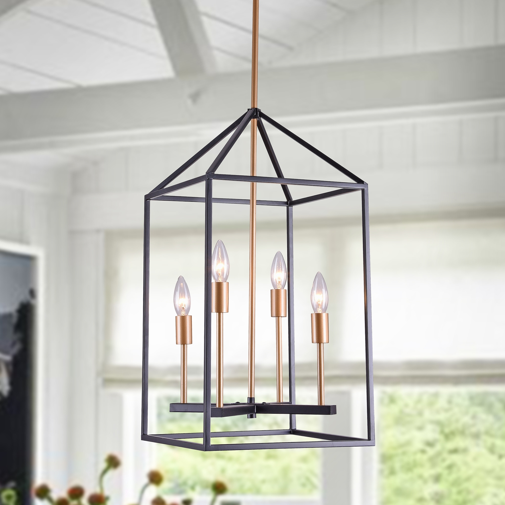 Warehouse of Tiffany Seilin Matte Black+Gold/Bronze 4-Light Lantern Chandelier with Black Metal Outer Cage