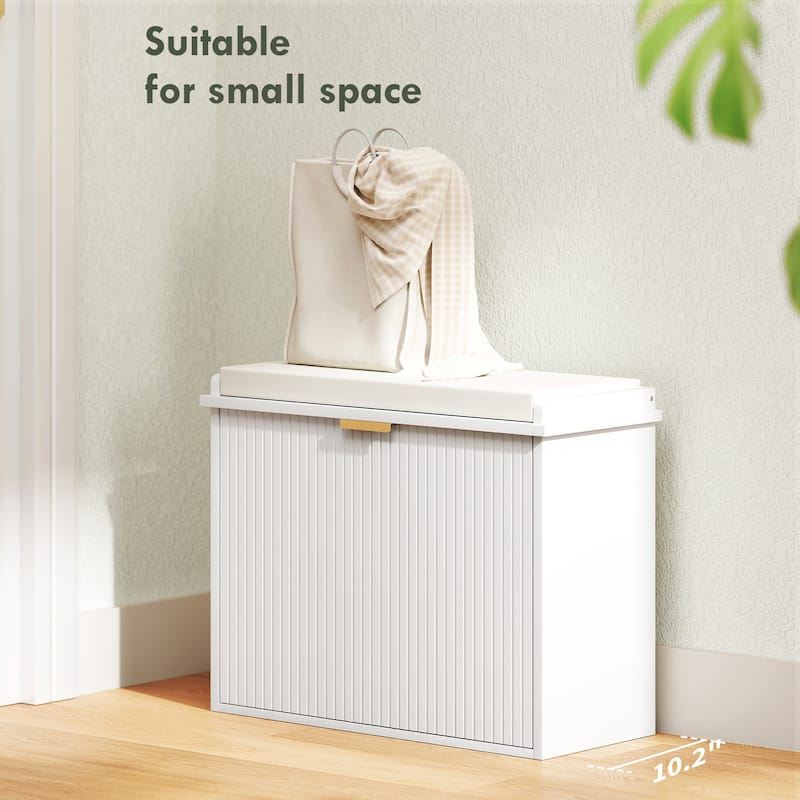 Shoe Storage Bench with Cushioned Seat and Flip Drawer Entryway Organizer