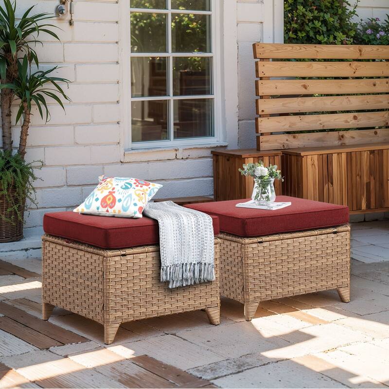 Outdoor Patio Footstool Ottomans with Cushion Yellow-Red - Yellow