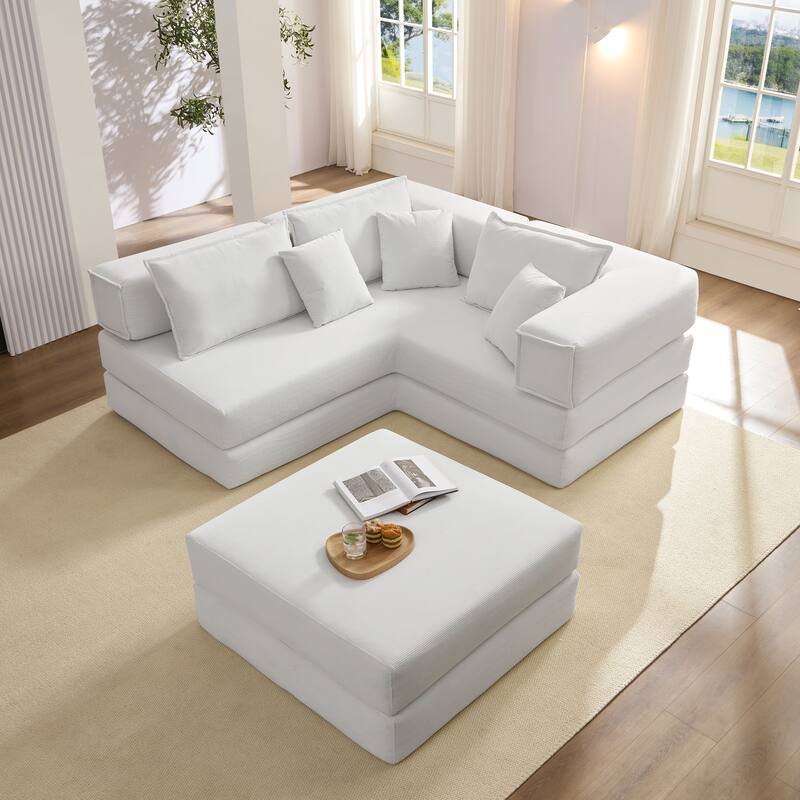 DIY Modular Corduroy L-Shaped Floor Sofa Set with 6 Pillows