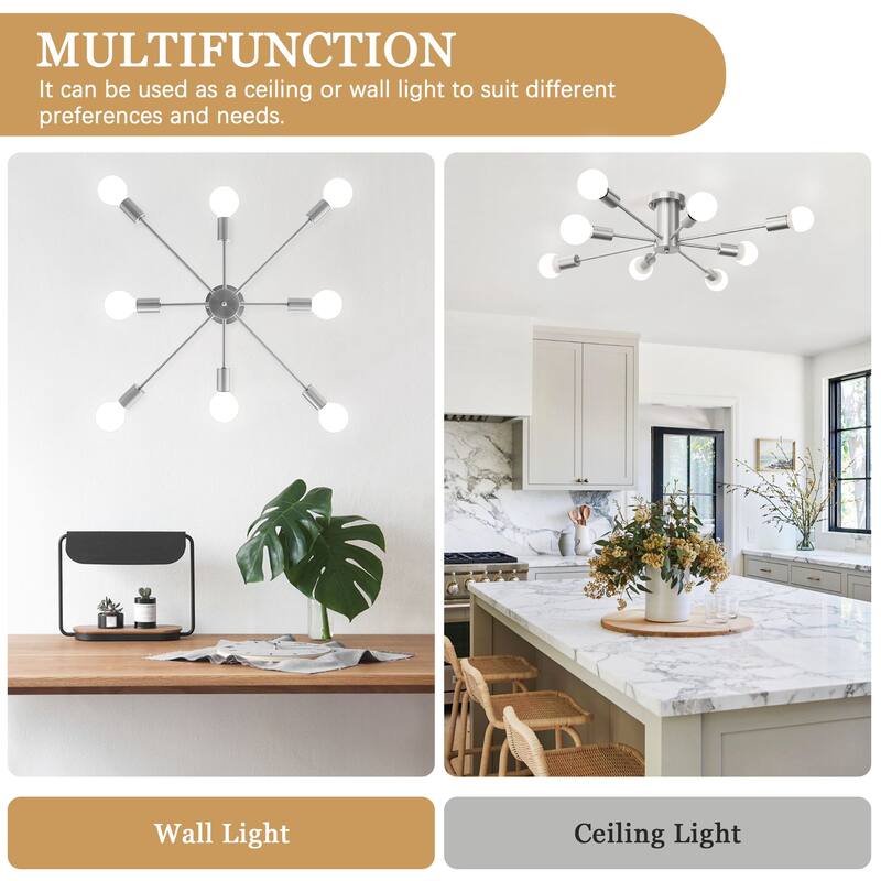 8-Light Modern Semi Flush Mount Sputnik Ceiling Light for Kitchen Bedroom Dining Room