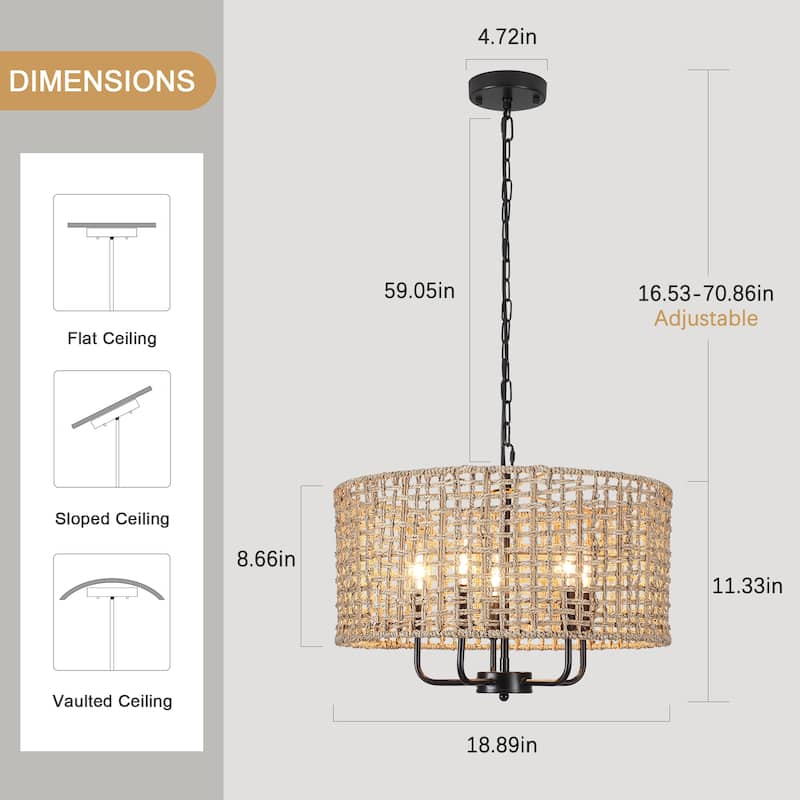 5 - Light Dimmable Drum Chandelier Natural Rattan Bohemian & Coastal Pendant - 18.9 in