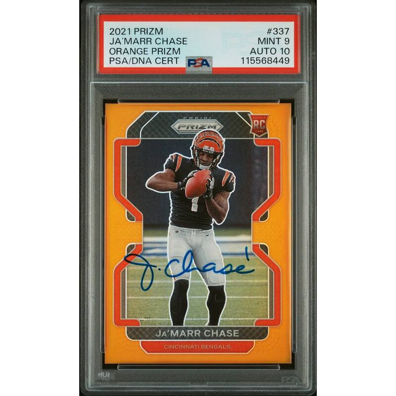 Ja'Marr Chase 2021 Panini Prizm Orange Signed Football Rookie Card #337 Graded PSA 9 Auto 10 52/249 Cert # 115568449 - 8' x 11'