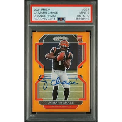 Ja'Marr Chase 2021 Panini Prizm Orange Signed Football Rookie Card #337 Graded PSA 9 Auto 10 52/249 Cert # 115568449 - 8' x 11'