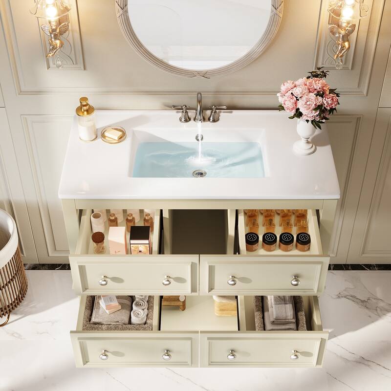 35.4" Beige Single Bathroom Vanity with Ceramic Basin and 4 Drawers