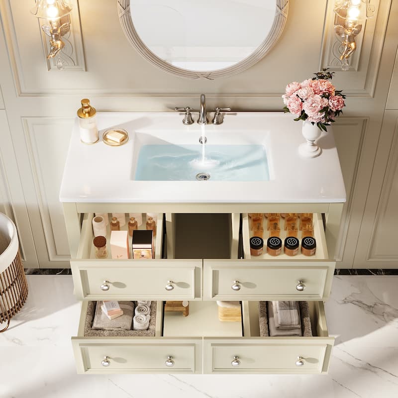 36" Modern Bathroom Vanity with Ceramic Basin, 4 Drawers