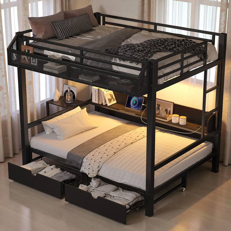 Full over Full Metal Bunk Bed with Storage Shelves, Drawers, USB Ports & LED Lights, Convertible Sofa Design