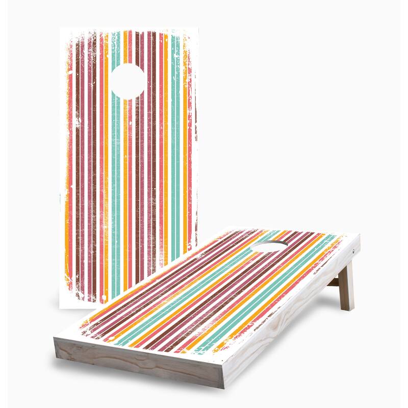 Retro Grunge Stripes Corn Hole Board Set w Case & Lights - 16 Years and Up