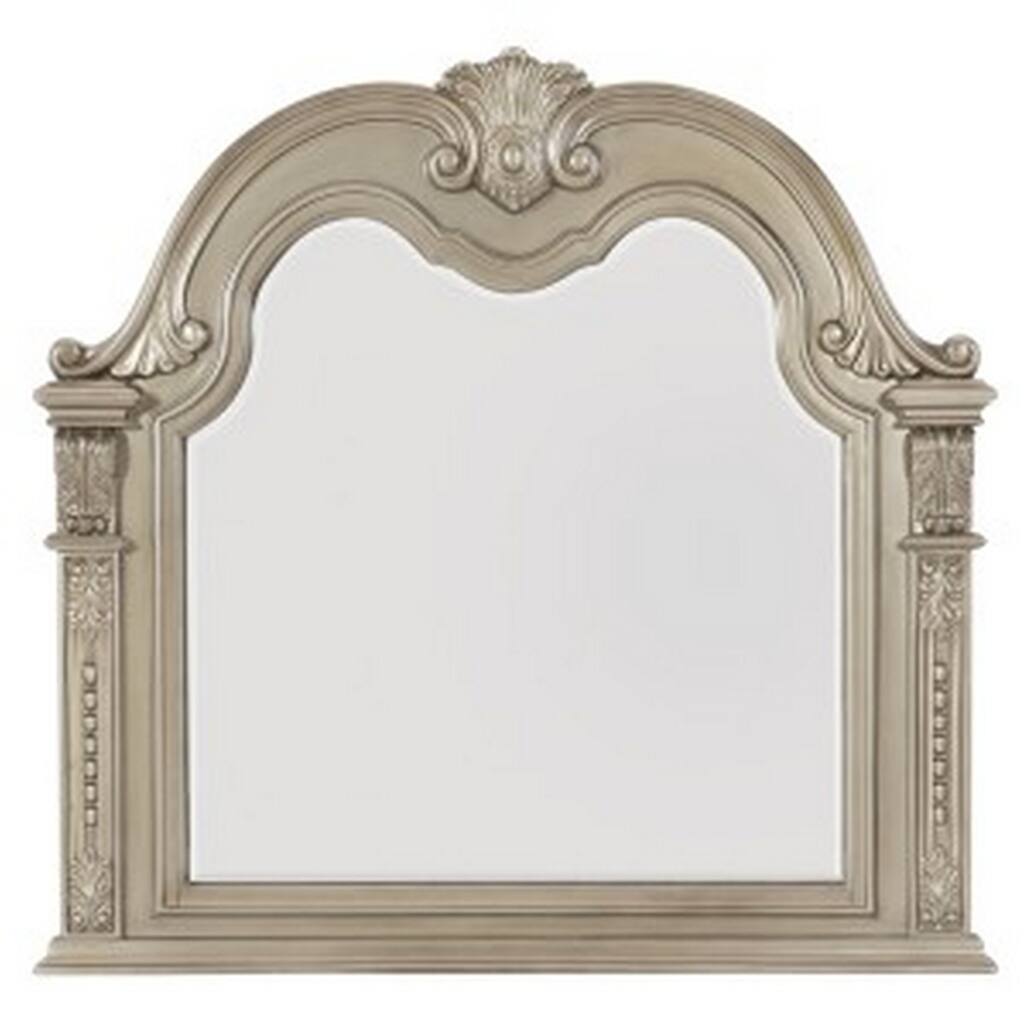Caitlin 52 Inch Classic Arch Accent Mirror, Acanthus Leaf Carvings, Silver