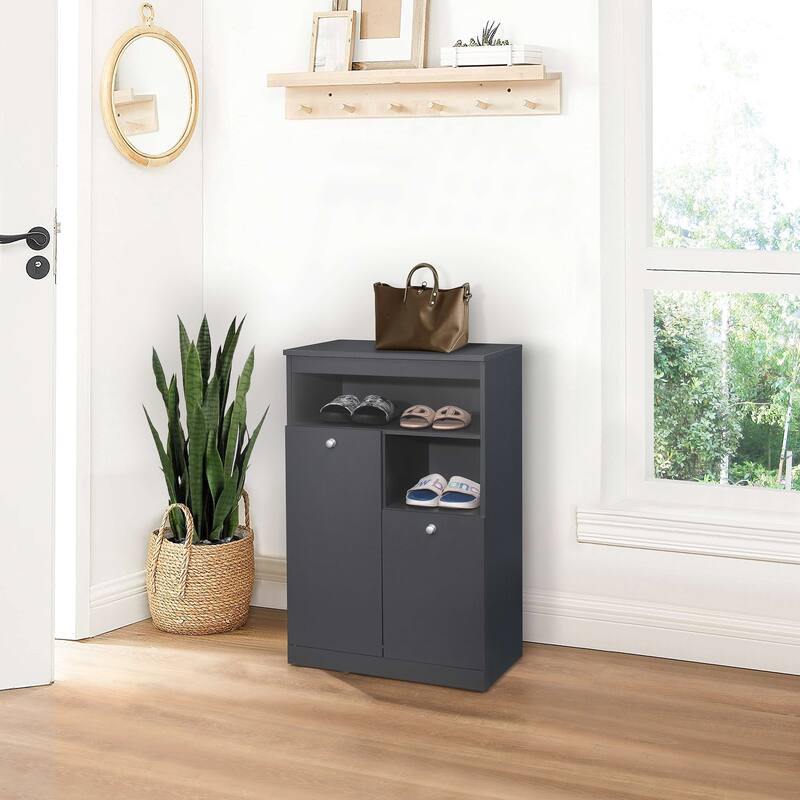 2-Door Shoe Rack Storage Cabinet, Grey - Black