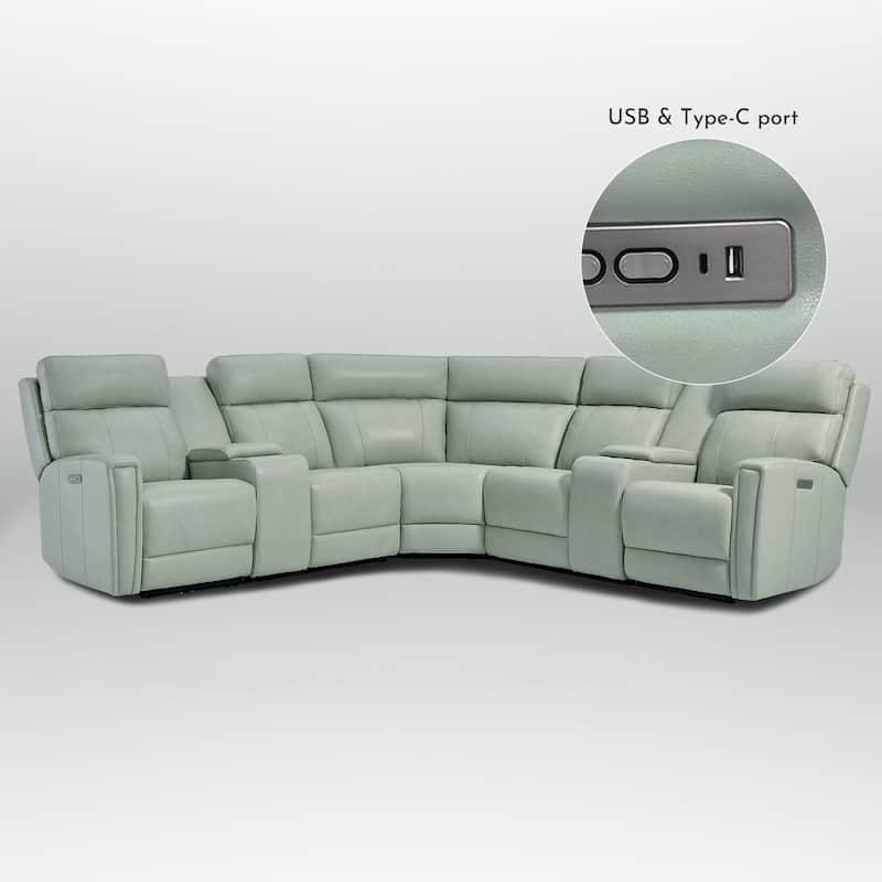 7PCS, 3 Power Recliners, Leather Reclining Sectional with Power Headrest & Lumbar, USB Port & USB-C Port