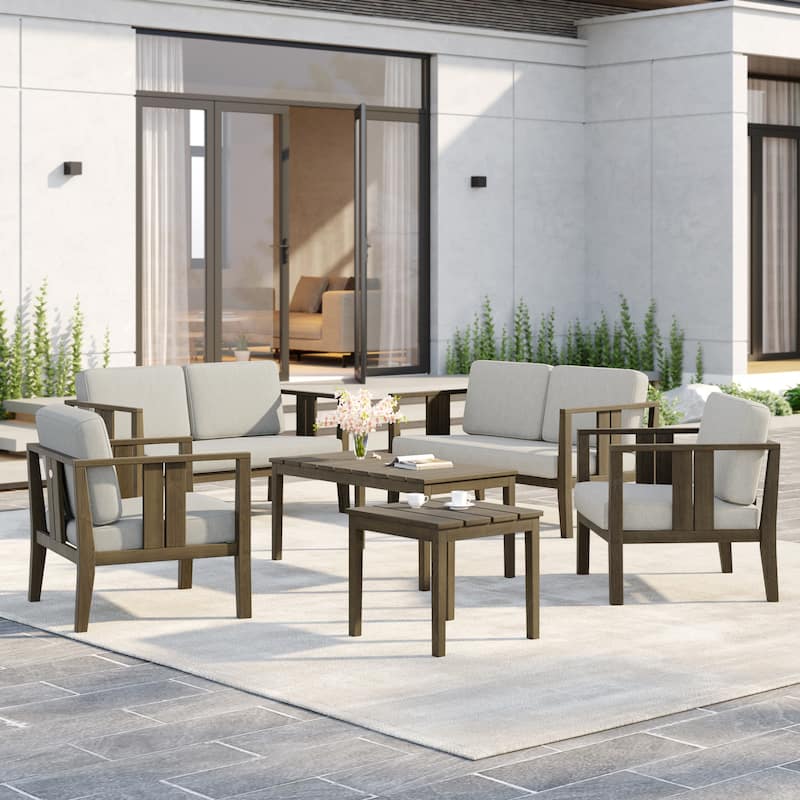 6-Piece Outdoor Furniture Solid Teak Patio Conversation Set with Table - Light Camel - Naturalframe