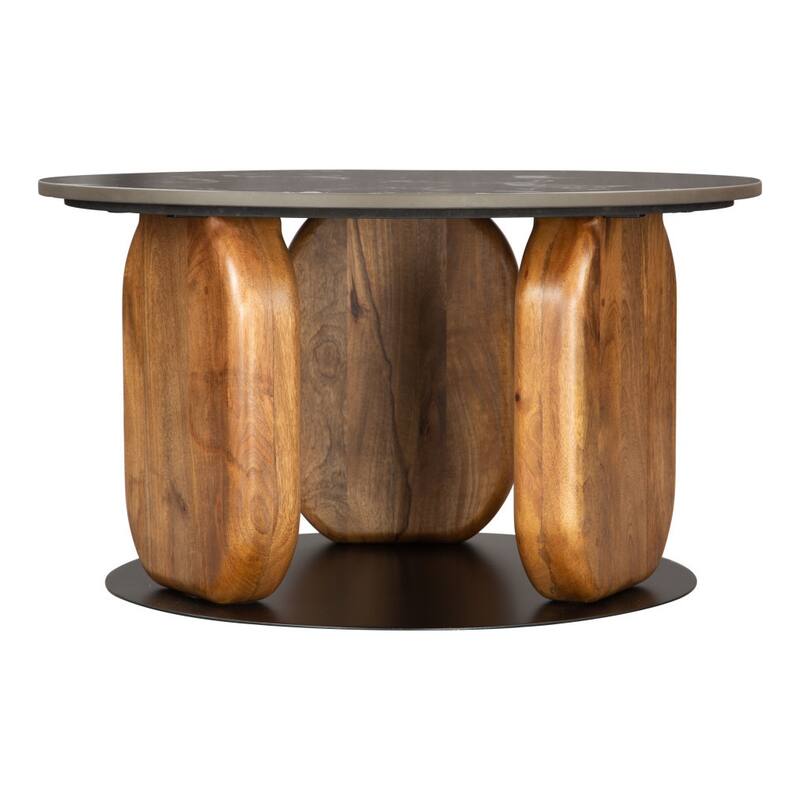 HomeRoots 30" Black and Brown Genuine Marble Marble and Solid Wood Round Coffee Table - 30.00 in. x 16.90 in. x 30.00 in.