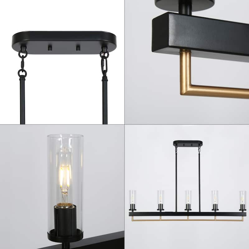 Modern Industrial 5-Light Chandelier Black Gold Kitchen Island Light Fixture with Clear Glass for Dining Room