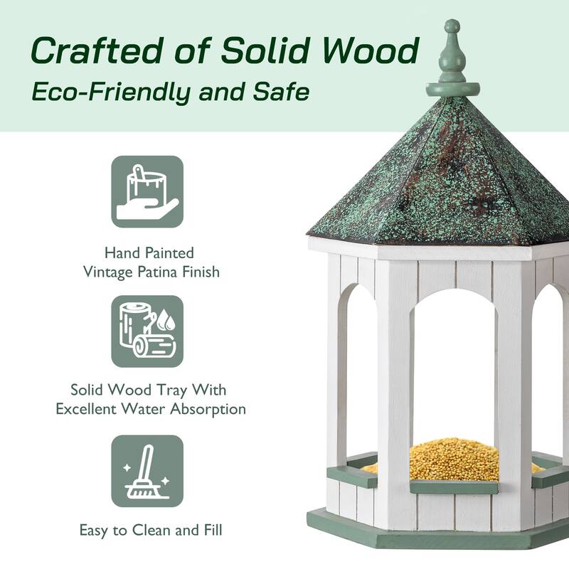 Glitzhome 15.75"H Solid Wood Gazebo Tray Birdfeeder With Metal Roof