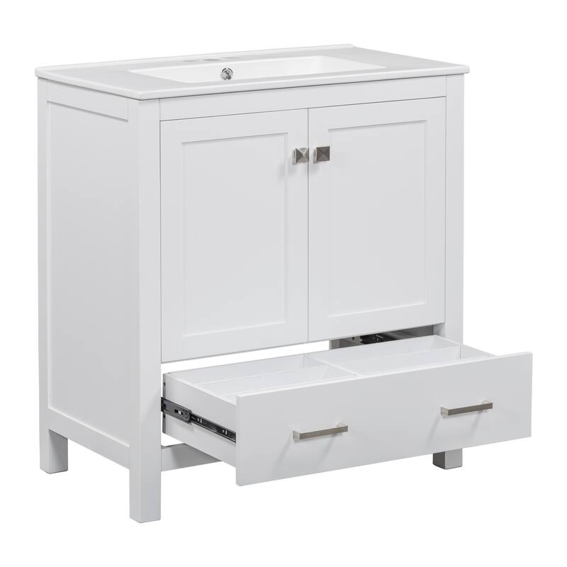 30 Inch Freestanding Bathroom Vanity with Rectangular Ceramic Sink, Two Doors, and Storage Drawer - Elegant Finish
