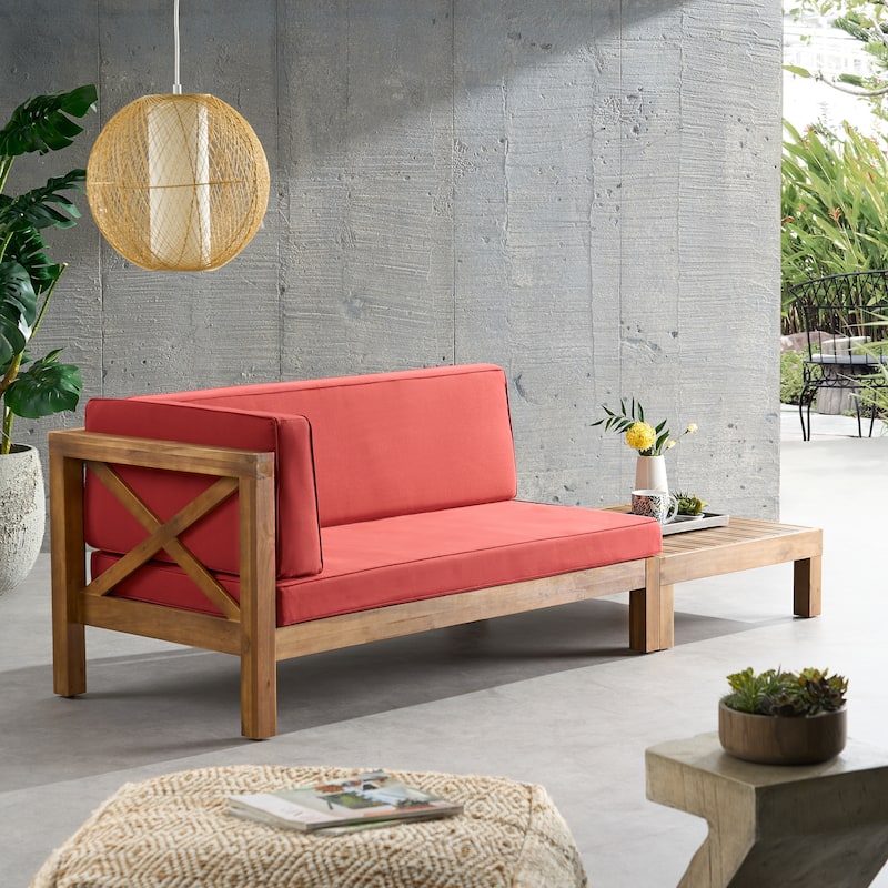 Brava Outdoor Acacia Wood Left Arm Loveseat and Coffee Table Set with Cushion by Christopher Knight Home - Teak/ Red