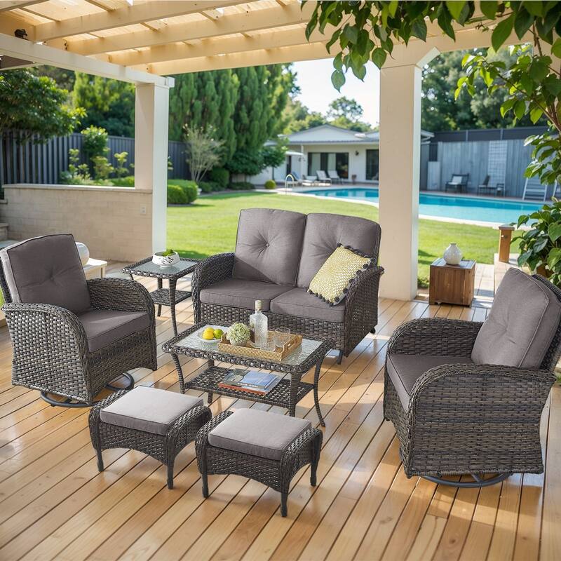 Outdoor Glider Sofa with Swivel Chairs Ottoamns and Table - Brown - Grey