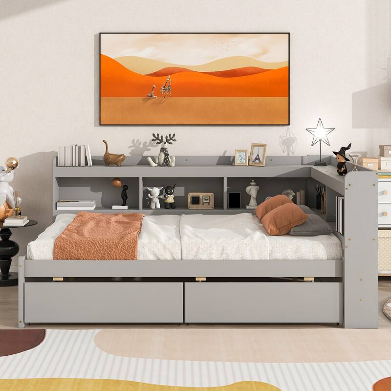 Pine Platform Bed with 2 Drawers & L-shaped Bookcases