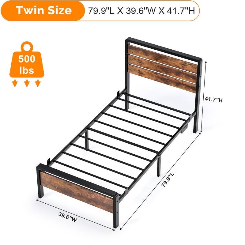 Bed Frame with LED Light and Charging Station, Metal Platform Bed with Wood Headboard