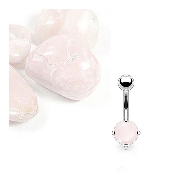 Stainless Steel Prong-Set Pink Jade Color Adventurine Semi Precious Stone Navel Belly Button Ring