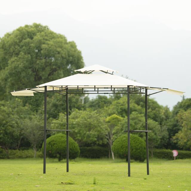 12Ft Lx4.3Ft W Steel Double Tiered Backyard Patio BBQ Grill Gazebo with Bar Counters, Beige