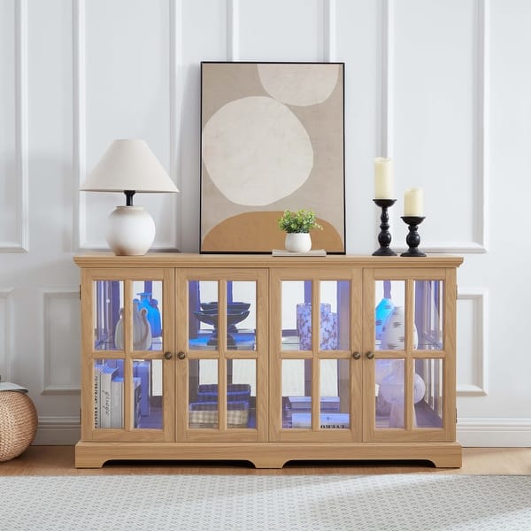 KEIKI Curio Cabinet, Lighted Glass Display Cabinet W/ 4 Glass Doors & Adjustable Shelves, Lighted Showcase With LED Light Strip, TV
