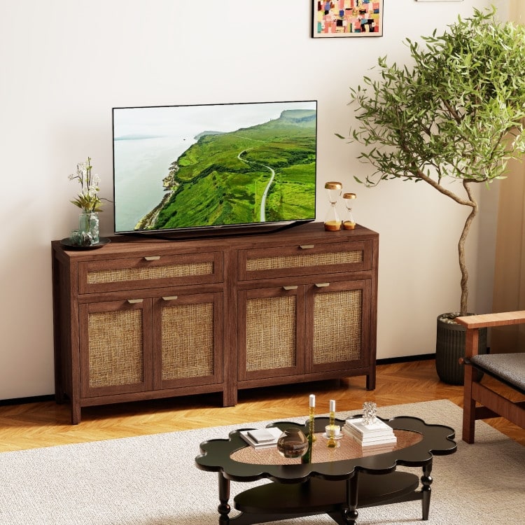 Brown-Natural Engineered Wood and Rattan Sideboard Cabinet with Drawer - 31" x 14.5" x 32"