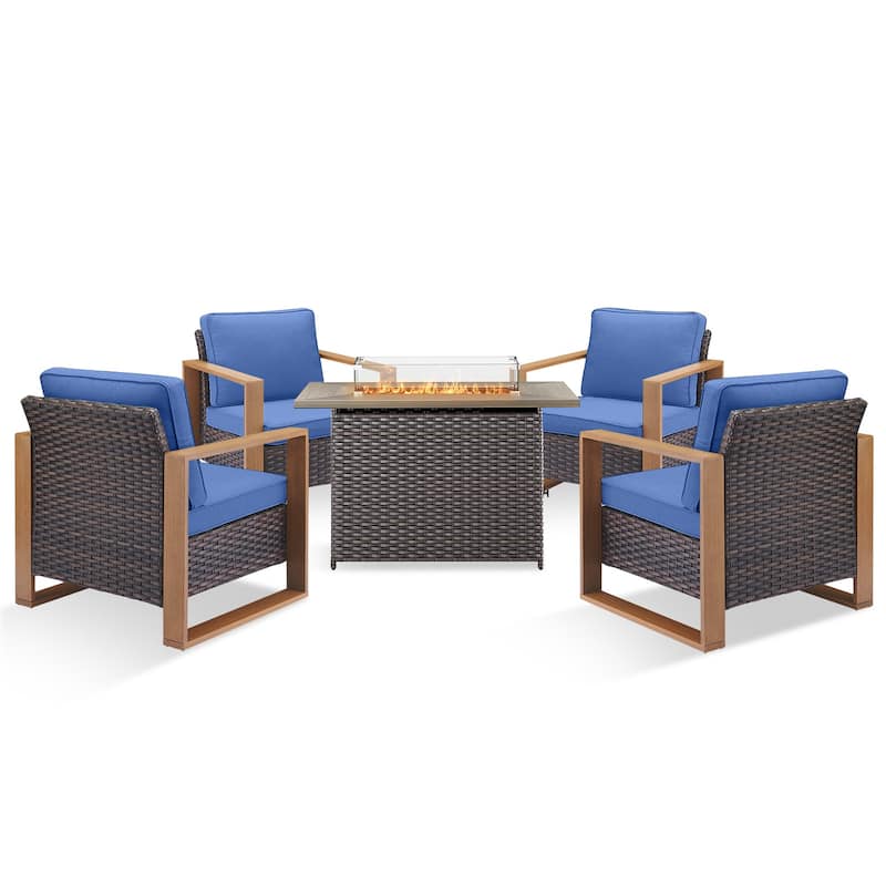 Pocassy 5 Pieces Outdoor Wicker Chair with Fire Table Set