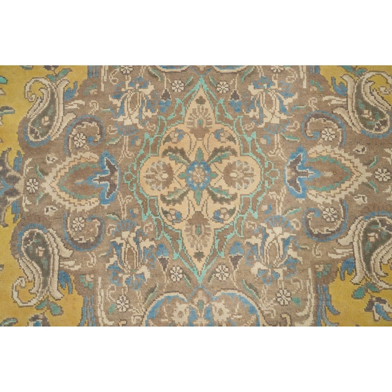 Hand Knotted Oriental 100% Wool Carpet Traditional Floral Yellow & Gold Tabriz Area Rug - 10' 11'' X 7' 6''