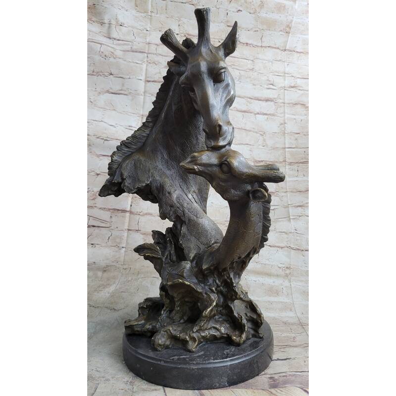 Mother And Baby Giraffe Bronze Bust Sculpture Statue Figure Decor 18 Inches X 9 Inches