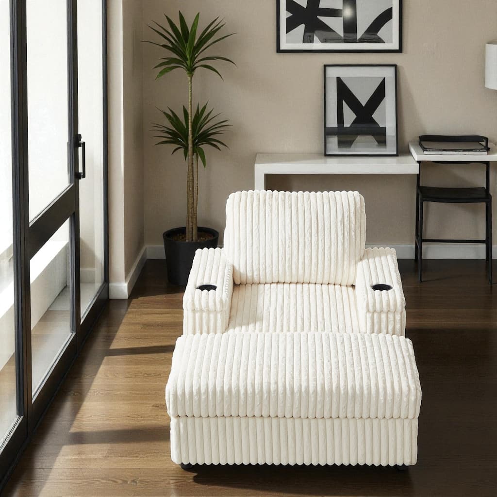 42.5" Corduroy Single Recliner Chair with Cup Holder, Storage Footrest, Armrest Storage and Backrest Pillow