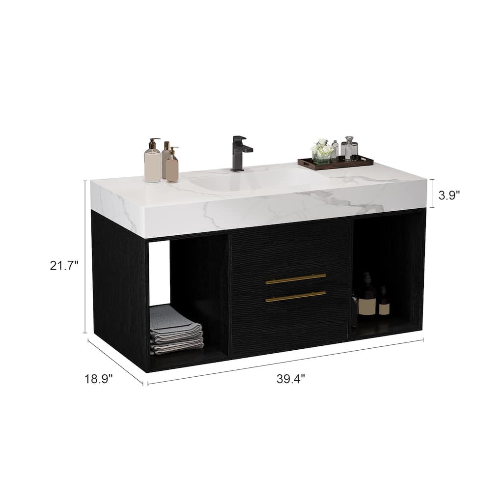 FurnitureR 39.4" Wall Mounted Bathroom Vanity with Ceramic Sink, Faux Marble Top and 2 Drawers