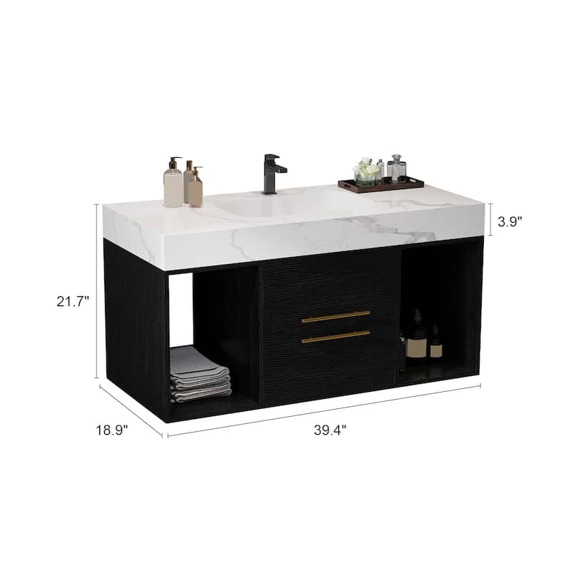 GDFStudio - Modern 39.4" Wall Mounted Floating Sintered Stone Bathroom Vanity with Seamless Ceramic Sink & Soft-Close Drawers