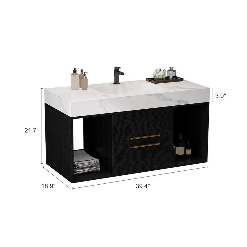Modern 39.4 Inch Floating Bathroom Vanity with Ceramic Sink, Solid Wood Cabinet & Gold Metal Handles