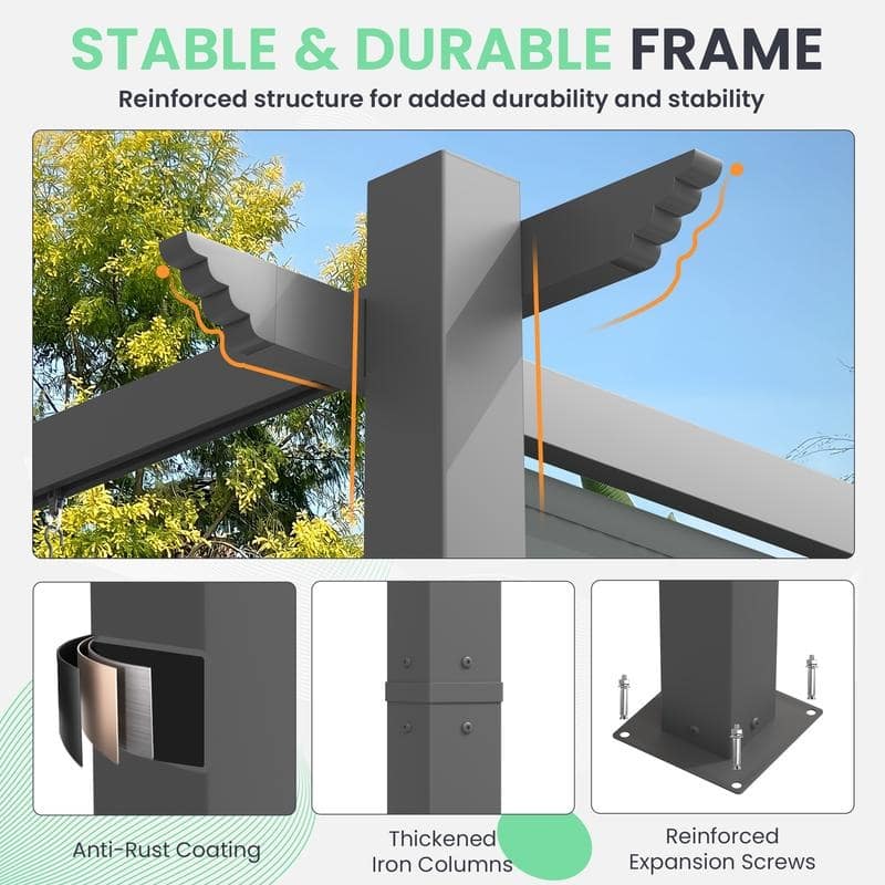 EROMMY 10' x 13' Outdoor Pergola with Retractable Canopy, Heavy-Duty Metal Frame and Adjustable Patio Shade Roof