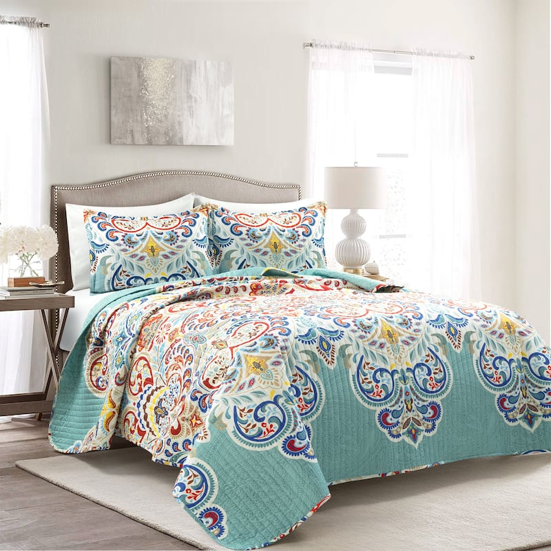 The Curated Nomad La Boheme Boho Chic 3-piece Quilt Set - Seafoam/Red - Full - Queen
