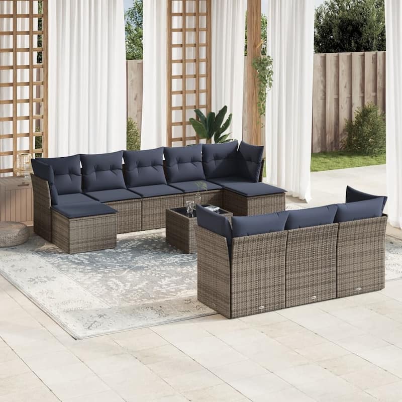 vidaXL 10/11 Piece Patio Sofa Set with Cushions Black/Brown/Gray Poly Rattan - 21.7 x 24.4 x 27.2 - Beige and gray Without table