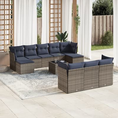 vidaXL 10/11 Piece Patio Sofa Set with Cushions Black/Brown/Gray Poly Rattan - 21.7 x 24.4 x 27.2