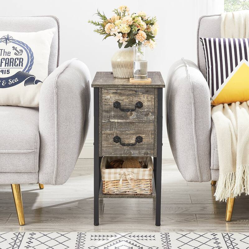 Taomika Industrial 2-Drawer Nightstand with Charging Station 2 USB/2 AC Ports & Open Shelf for Bedroom and Living Room