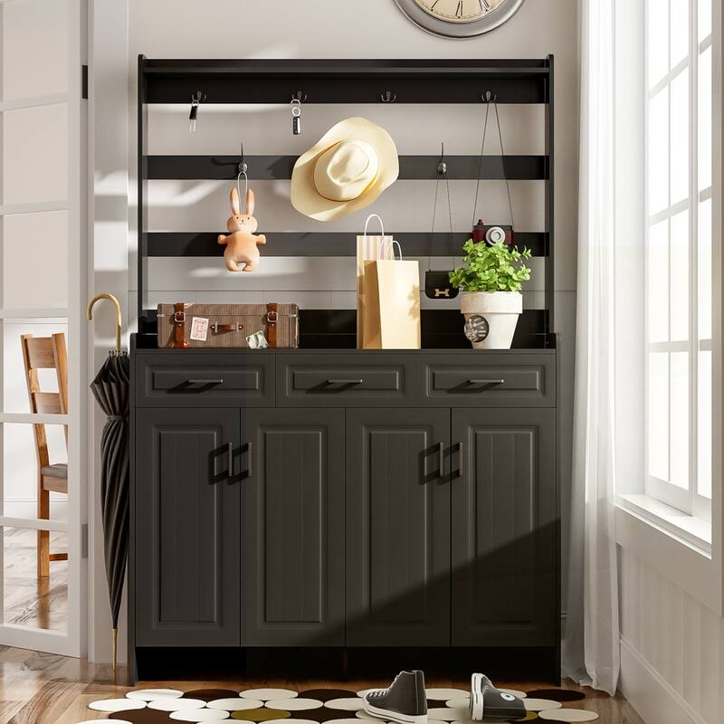 Four-Door Shoe Cabinet with Coat Rack - Black