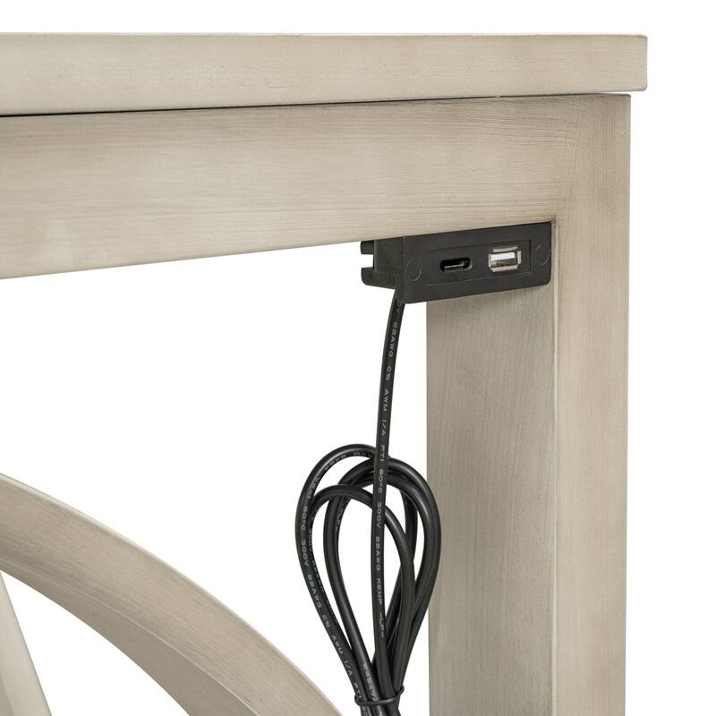 Farmhouse 3-Piece Counter Height Dining Table Set with Built-in USB Ports and Upholstered Stools for Small Spaces