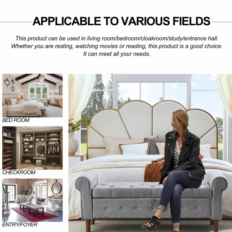 62" Bedroom Tufted Button Storage Bench, Modern Fabric Upholstered Ottoman,Window Bench,Rolled Arm Design for Bedroom