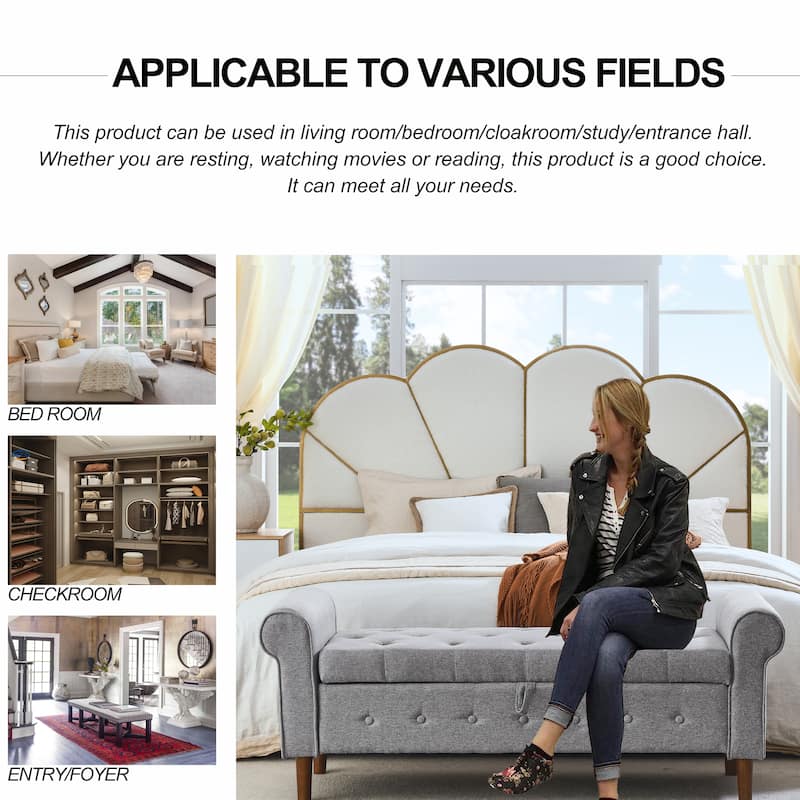 Rolled Arm Tufted Storage Bench, Modern 62" Upholstered Ottoman Window Bench with Wooden Legs for Bedroom, Entryway