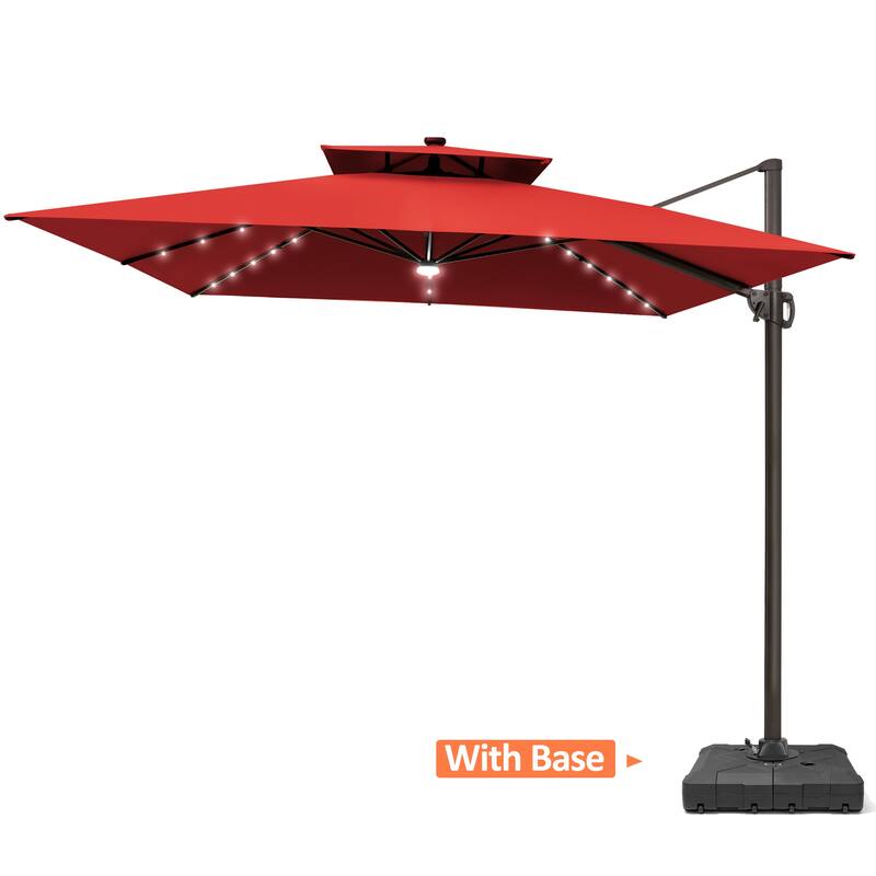 VredHom 11X11 FT Outdoor Aluminum Square Cantilever Patio Umbrella Solar LED Light with Weights Base