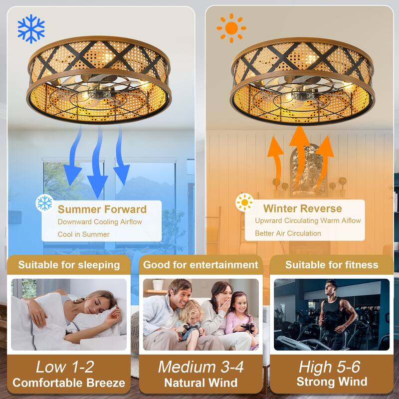 Cusp Barn 23" Boho Rattan Flush Mount Low Profile 6 Speeds Reversible Caged Ceiling Fan with Light and Remote for Bedroom
