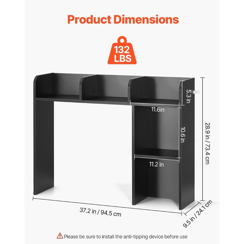 Particle Board Desktop Bookshelf Hutch with Anti-Slip Feet Pads, 2 Shelves - 37.2" L x 9.5" W x 28.9" H