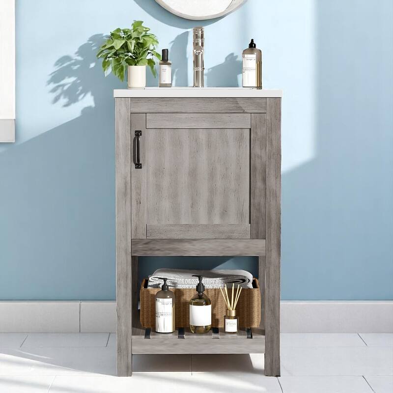16 Inch Bathroom Vanity with Rectangular Sink, Grey Storage Cabinet with Door and Shelf, Ideal for Small Bathrooms - Grey