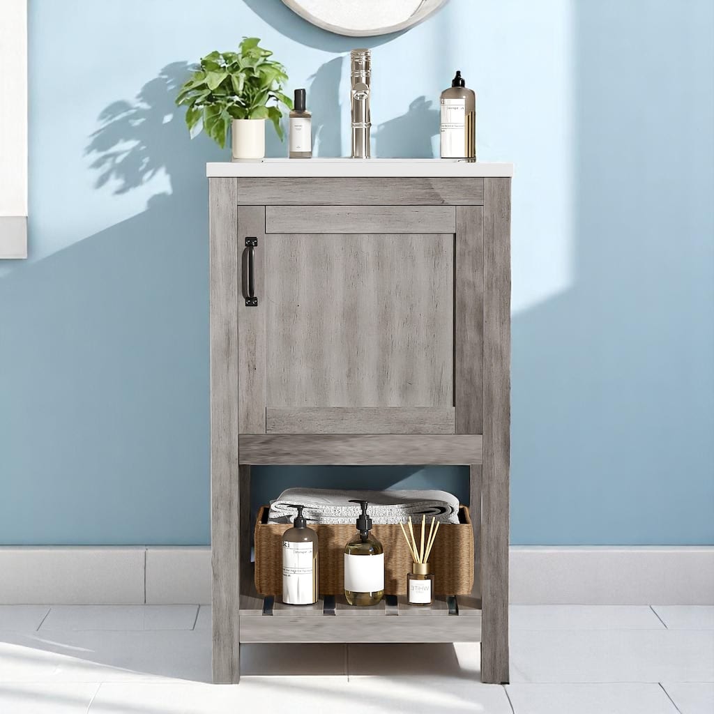 16 Inch Bathroom Vanity with Rectangular Sink, Grey Storage Cabinet with Door and Shelf, Ideal for Small Bathrooms
